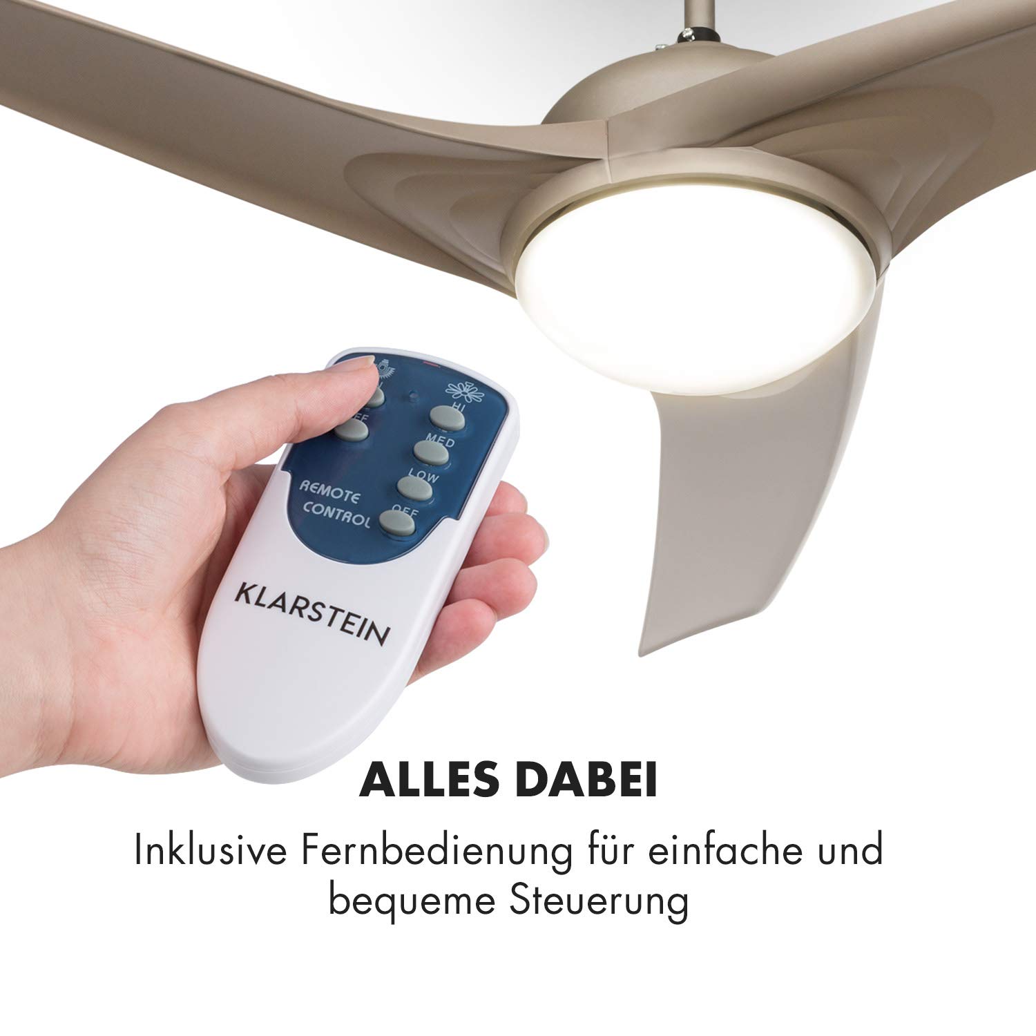 Klarstein Figo Deckenventilator - 2-in-1: Ventilator & Deckenlampe (2 x 42 W), Durchmesser: 52" (132 cm), 3 Flügel, Luftdurchsatz: 10.039 m³/h, 2 Laufrichtungen, 3 Geschwindigkeitsstufen, Titan-Optik