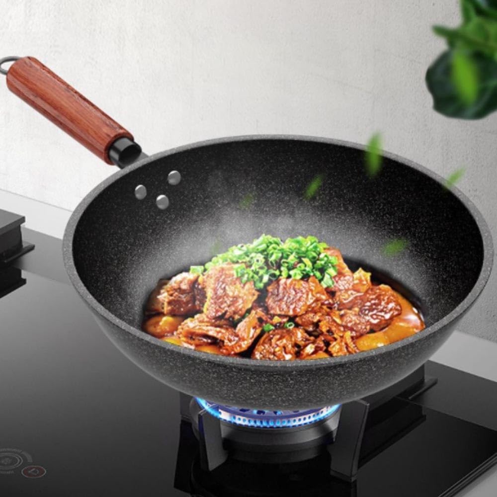 Patelnia Wok z płaskim dnem, 12,6" Szary medyczny kamienny wok, tradycyjna wstępnie sezonowana patelnia z powłoką z granitu i drewnianym uchwytem pomocniczym, do kuchenek indukcyjnych, woków i patel