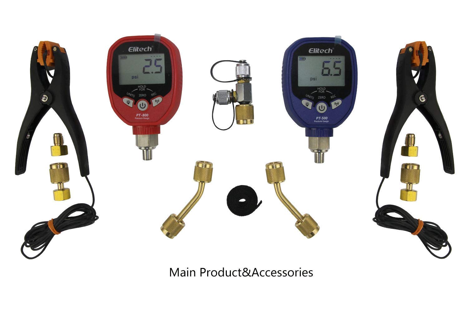Elitech PT-500/800Pro kit de manómetros digitales inalámbricos, manómetros HVAC de 2 válvulas con 2 pinzas de temperatura para sobrecalentamiento y subenfriamiento automáticos, registro de datos