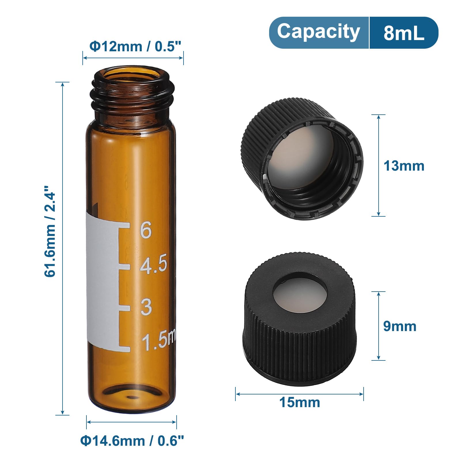 PATIKIL 8ml Vial Per Autosampler, Confezione Da 100 Vial HPLC/GC 9-425 Vial Da Laboratorio Ambra Vial Modello Tappo A Vite Area Di Scrittura Septa Bianca PTFE E Silicone Per LC Stamper