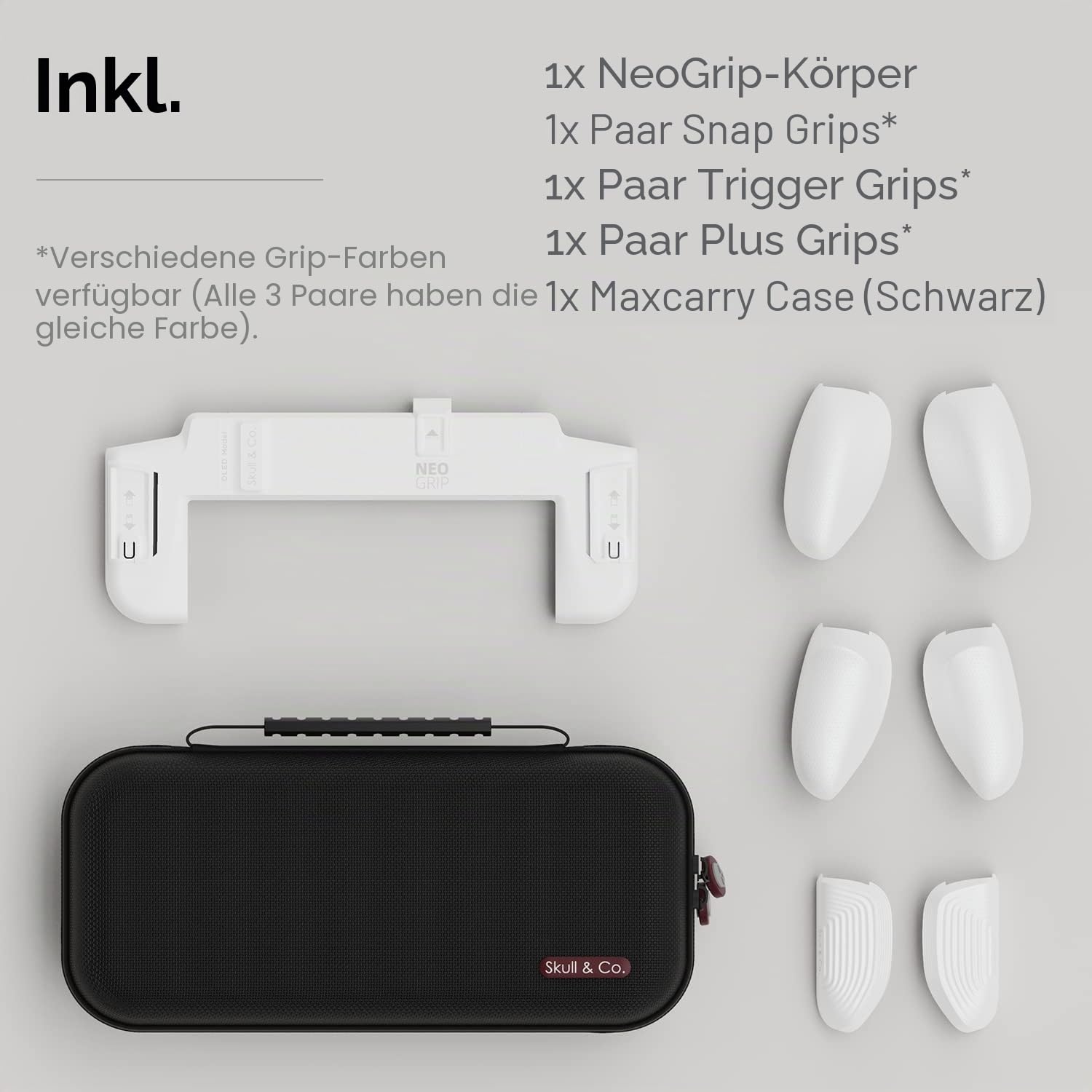 Skull & Co. NeoGrip Bundle für Nintendo Switch OLED und Regular Modell: Eine andockbare Schutzhülle mit austauschbaren Griffen [passend für alle Handgrößen] [mit Tragetasche] - OLED Weiß