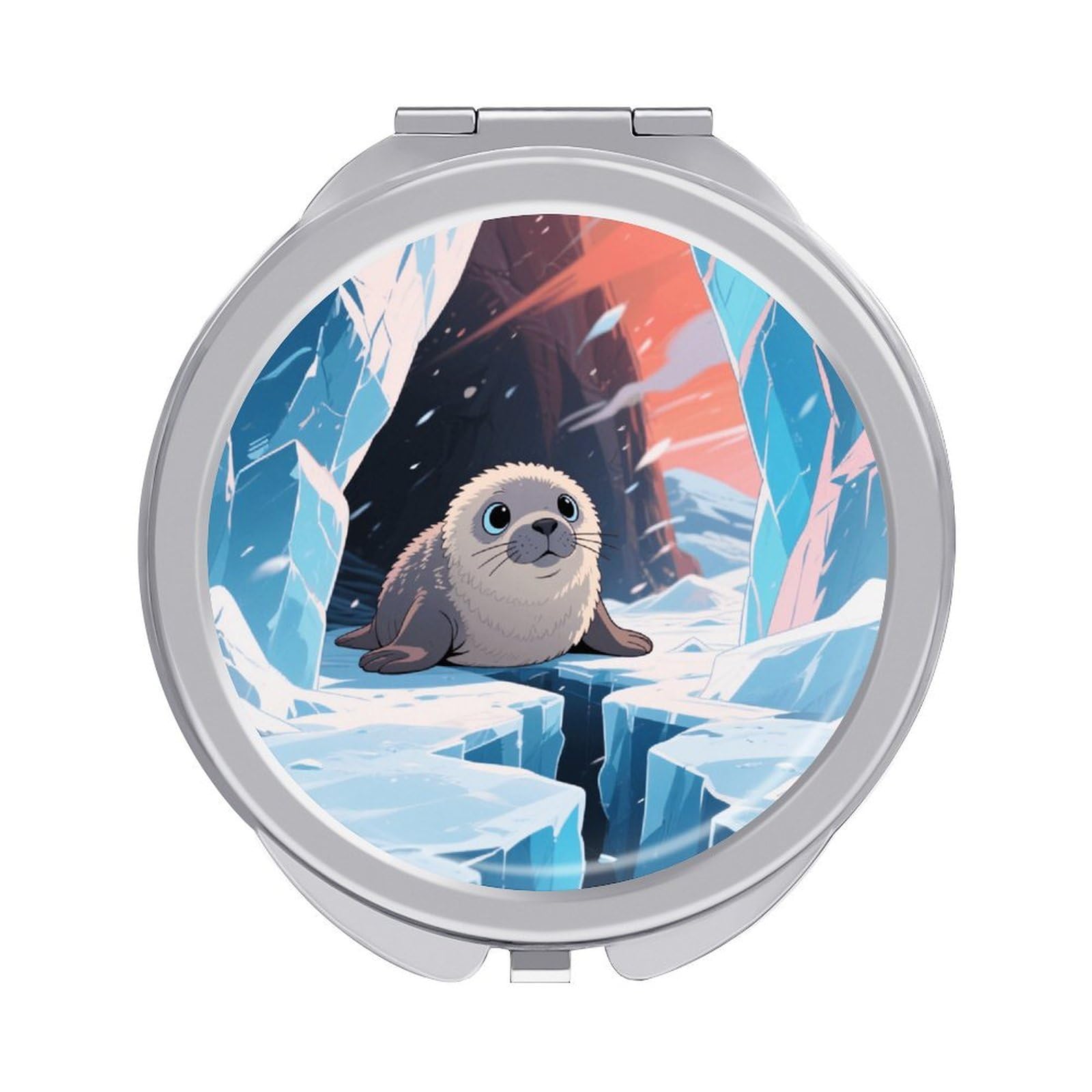 Fekiloot Style Ice Field Seal Travel Makeup Mirror Handheld Compact Mirror Portable Pocket Mirror Double-Sided 1X/2X Magnifying For Handbag And Purses