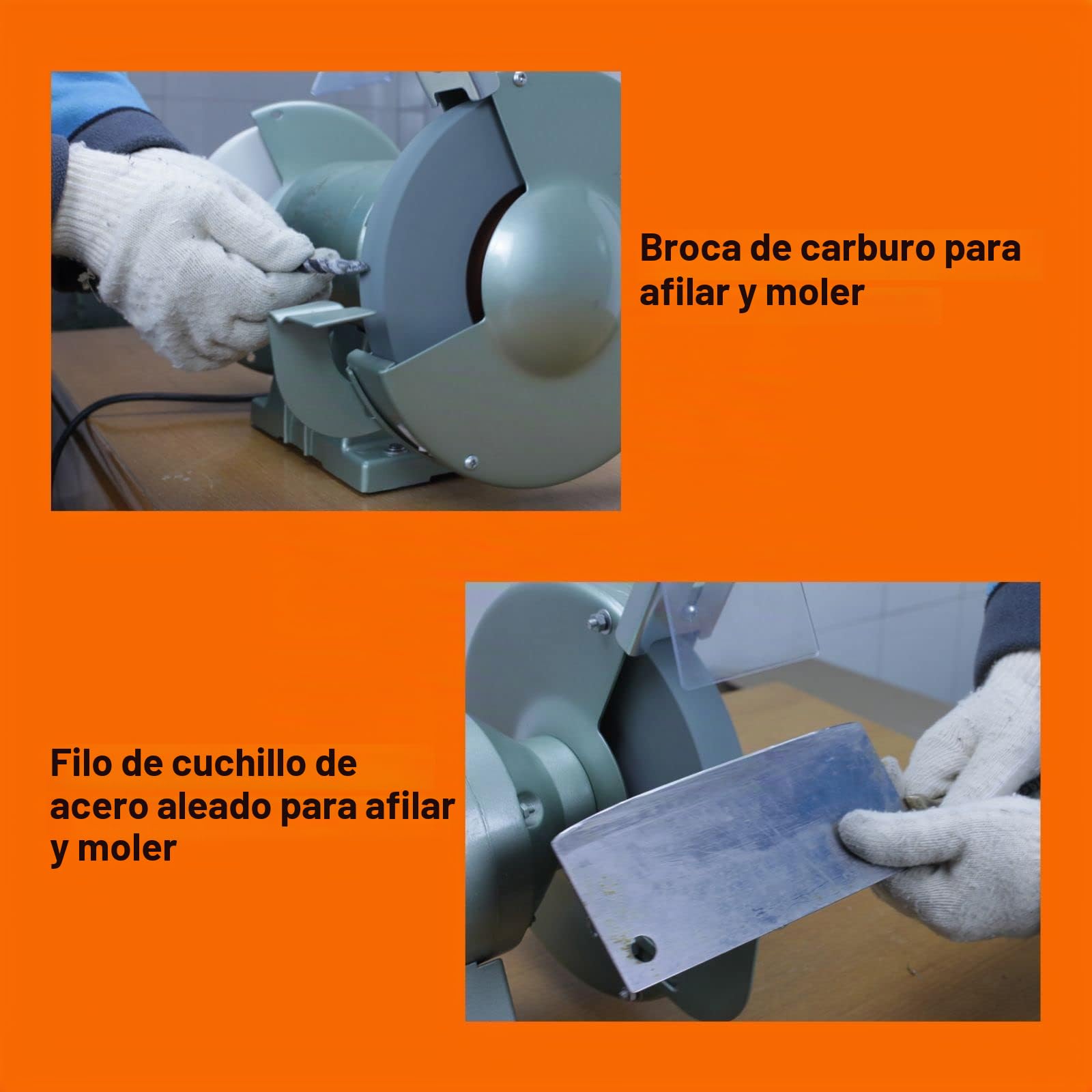 Muela de banco. Abrasivo de carburo de silicio. Para afilar y rectificar herramientas de carburo. Diámetro de 200 mm. Diámetro interior del mandril: 16 mm.