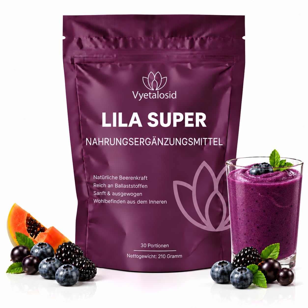 Lila Superfood Pulver,Grüne Entgiftungspulver Leben mit Gerstengras,Heidelbeeren,Acai pulver,vegane Pflanzenmischung für den Alltag