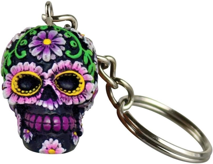 Hand Painted Polyresin Sugar Skull Keychain - Purple