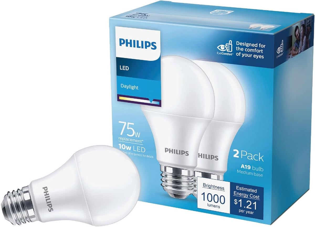 Bombilla LED esmerilada regulable A19 - EyeComfort sin parpadeo - 12,2 W = 75 W - 1100 lúmenes - Luz diurna (5000 K) - Base E26 - Interior - Título 20 - Paquete de 2