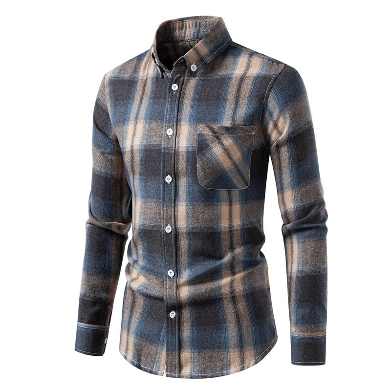Mens Casual Button Down Shirts Lapel Regular Fit Shirt Long Sleeve Plaid Flannel Shirt2