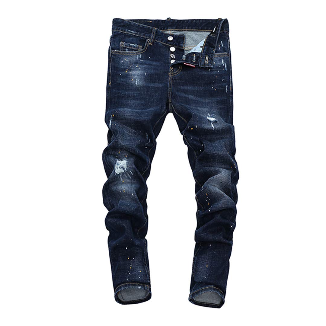 Men Denim Jeans Pants European Style Straight Hole Zipper Blue Button Jeans Pencil Pants 7912 32