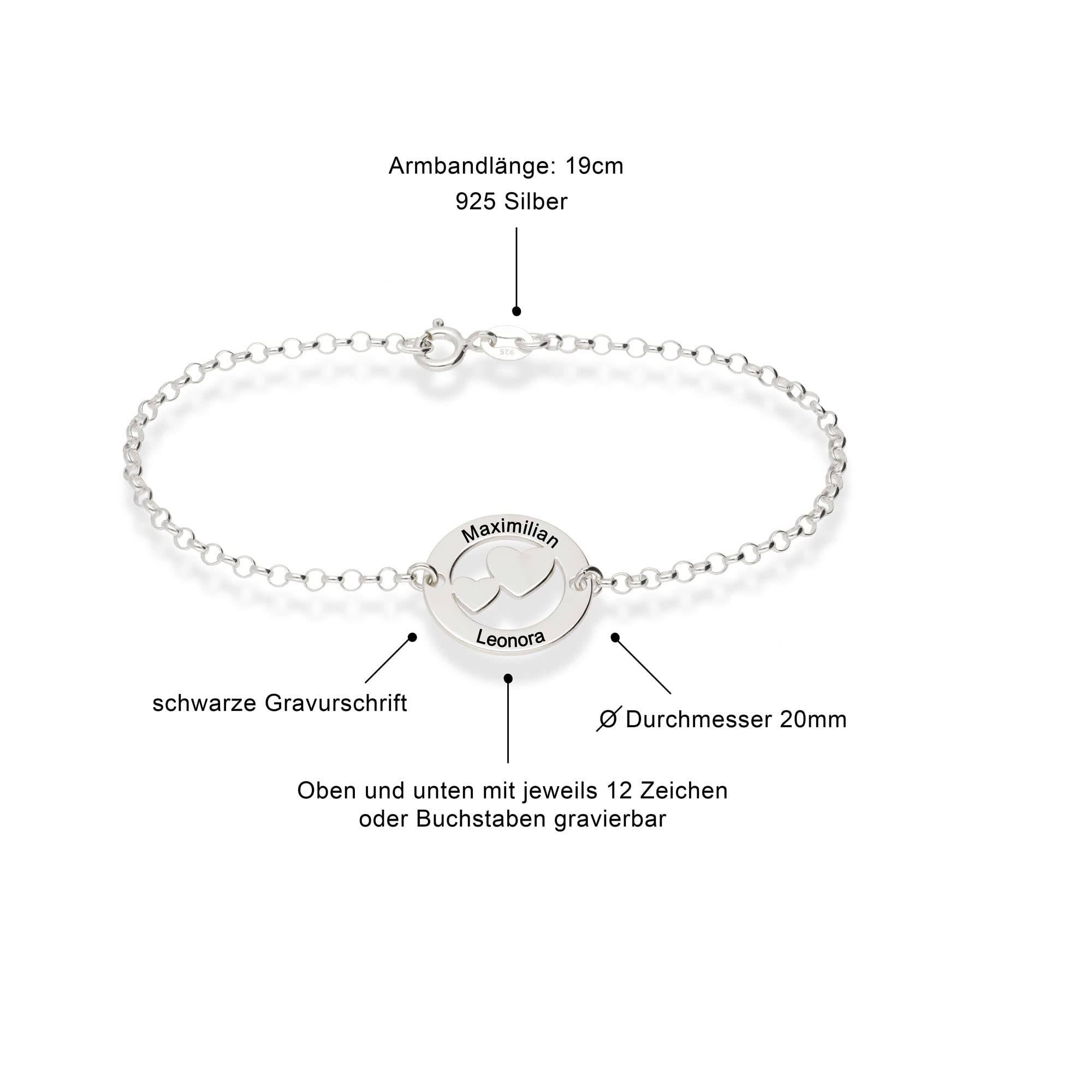 Damen Armband Herzarmband 925 Silber Wunschgravur auf Vorderseite Länge 19cm
