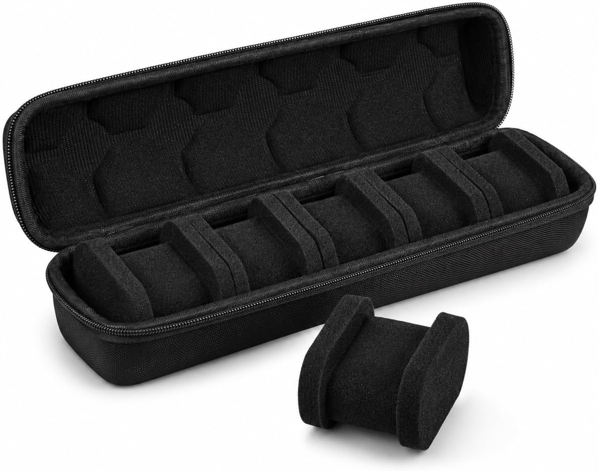 5 Watch Travel Case, EVA Hard Shell Watch Storage Box for 5 Watches, Portable Zipper Watch Organizer with Soft Foam Interior, Black
