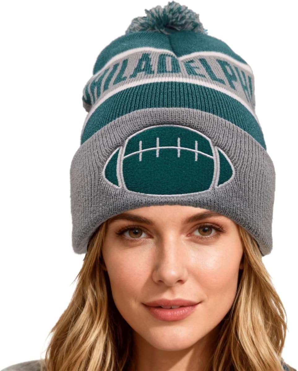 City Beanie Knit Hat with Pom Winter Cuffed Cap Sport Fans Gift for Men Women - Image 5