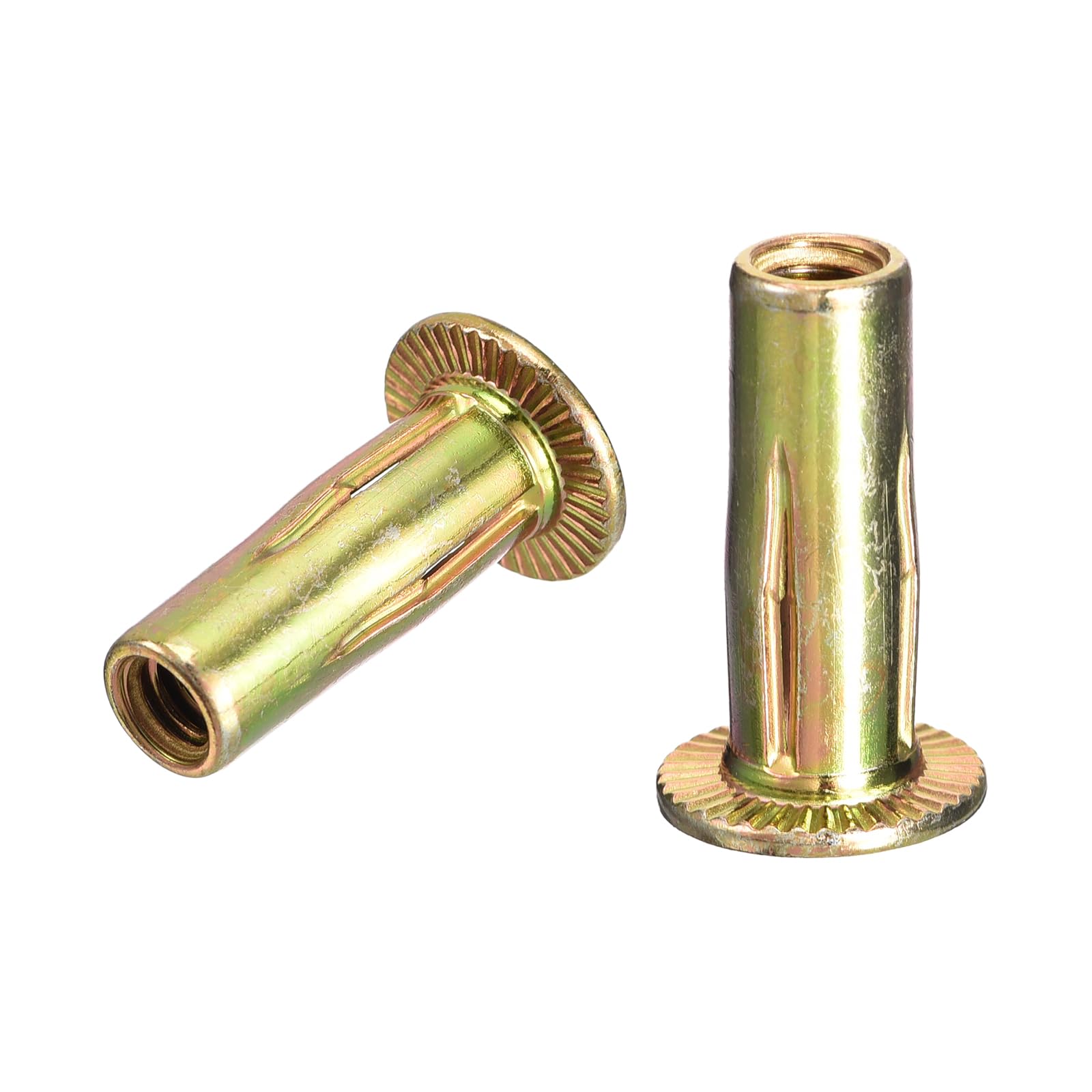 uxcell 1/4-20 Multi-Grip Rivet Nuts, 25pcs Pre-Bulbed Shank Flat Head Threaded Insert Nut Gold Zinc Plated Finish Carbon Steel Plus Nuts