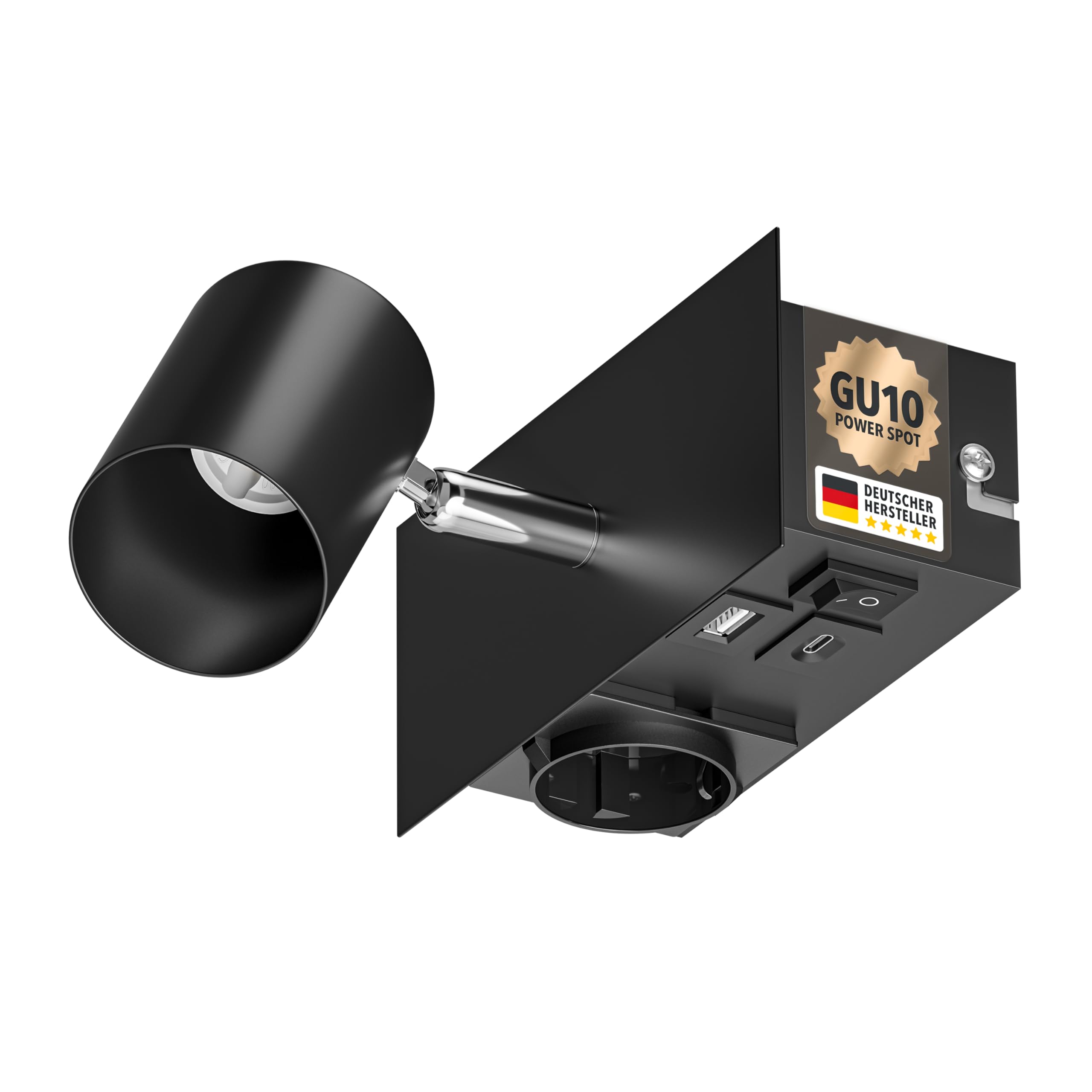 ledscom.de Wandleuchte WAIKA, 1-flammig, Schalter, schwarz, 1 Steckdose, USB-C, USB-A, 1x GU10 max. 15W
