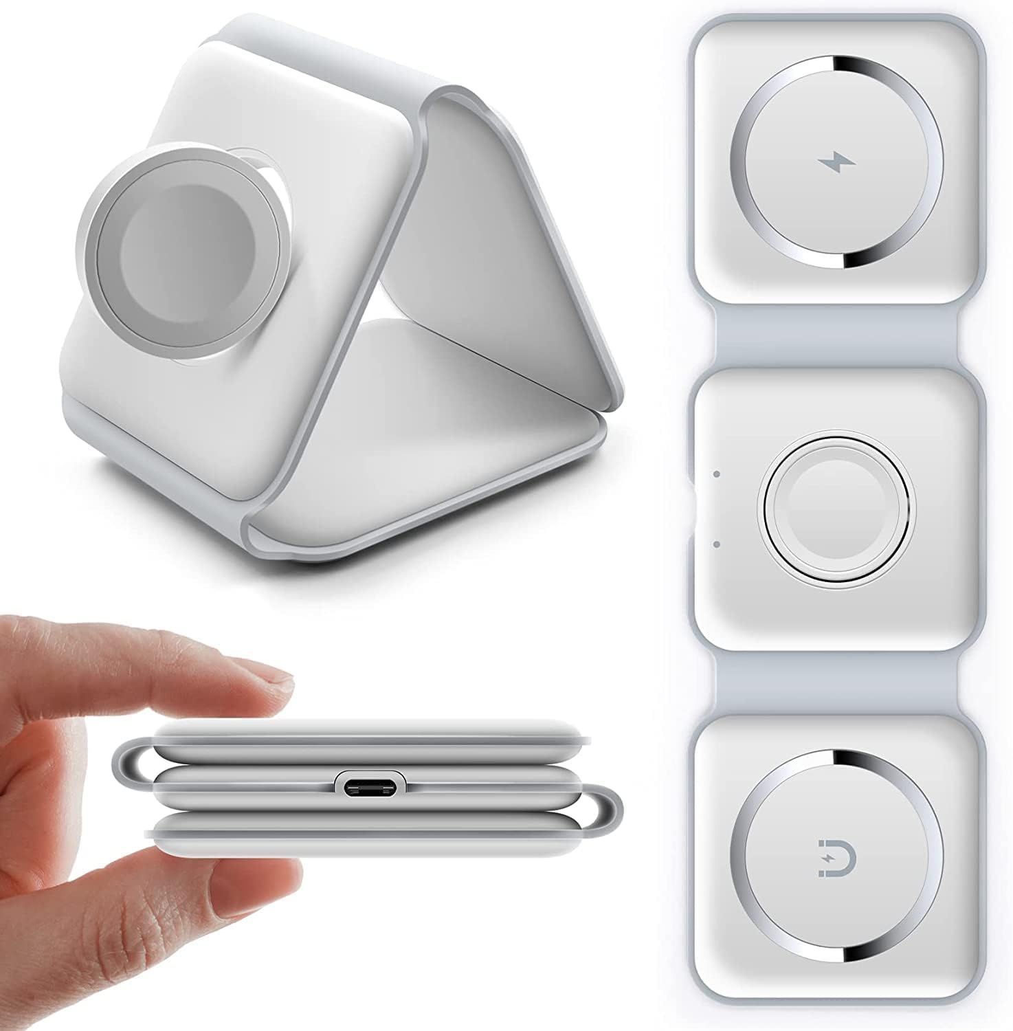 kiyosaki 3 in 1 Wireless Charging Station, Upgrade Foldable Wireless Charger Magnetic Fast Wireless Charging Pad, Compatible with iPhone 14/13/12/11 Series, Apple Watch, AirPods Pro (White)