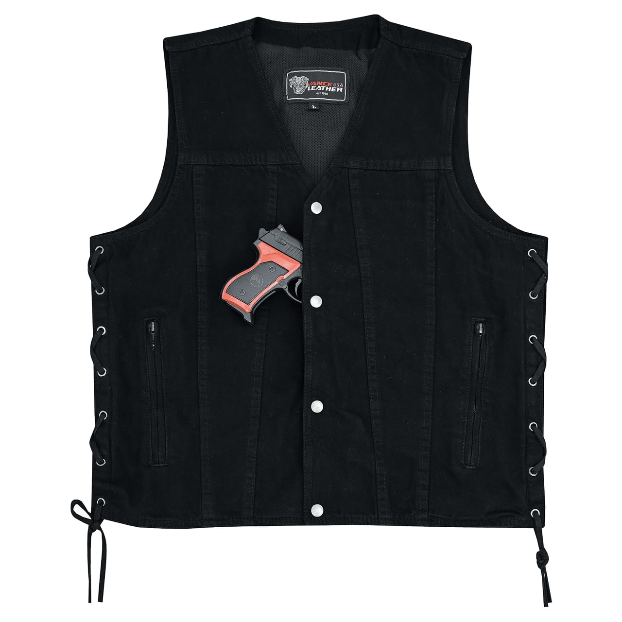 Vance Men's V-Neck Black Denim Vest for Motorcycle Riders with Conceal Carry Pockets (X-Large, Black)