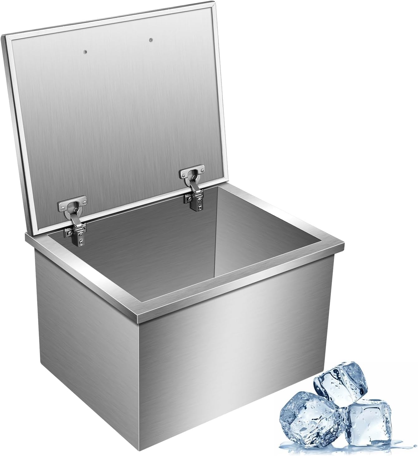 GarveeTech Isolierte Edelstahl Drop-In Eisbox für Outdoor-Küche/Bar – Mit Klappdeckel, Ablauf & 60QT Fassungsvermögen – Perfekt für gekühlte Getränke wie Wein & Bier – Größe: 20''L x 20''W x 13''H