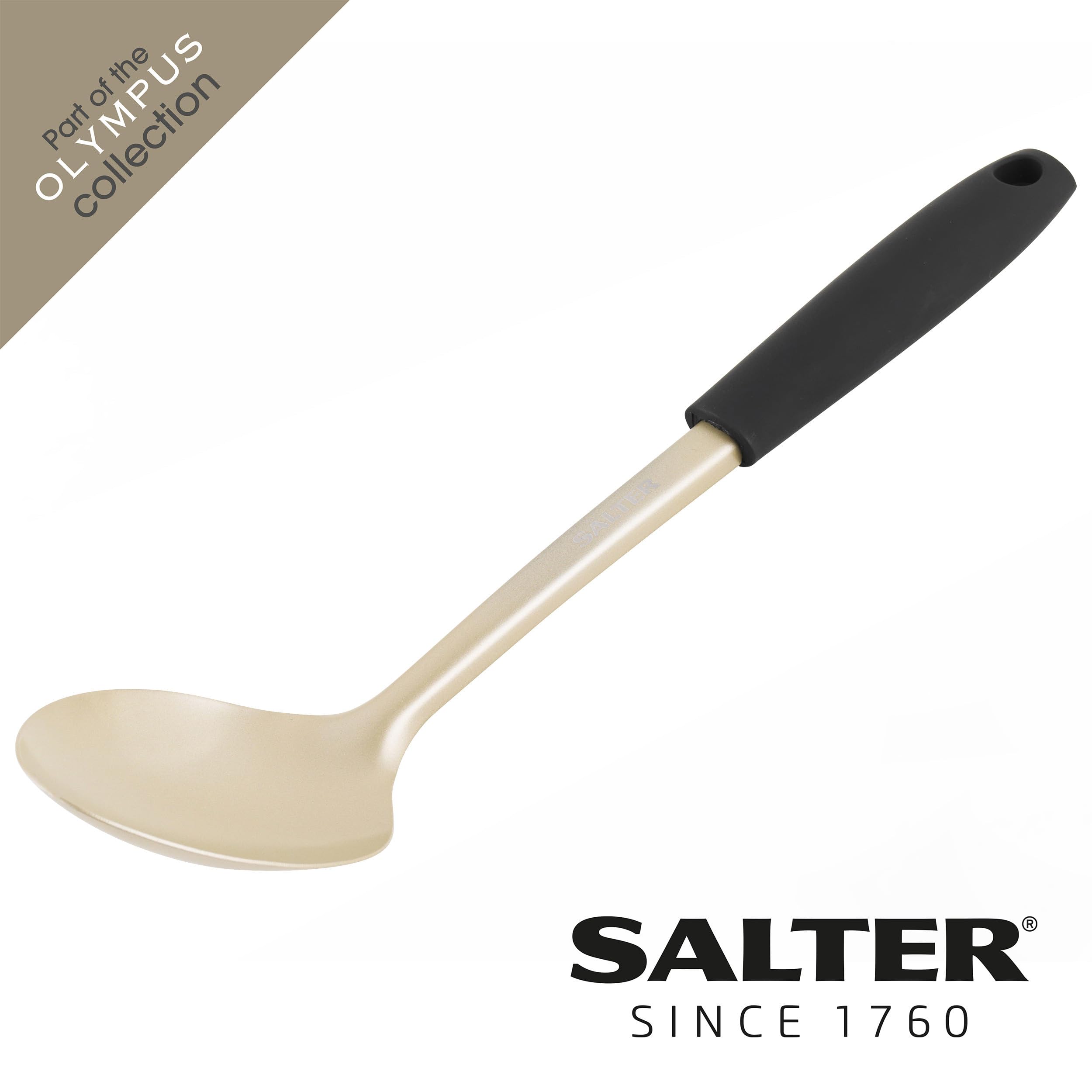 Salter BW11129EU7 Olympus Collection Solid Spoon, Long-Lasting Stainless Steel Serving Spoon Kitchen Utensil, Hanging Hook, Easy-Clean, Metal Multifunctional Cooking Tool, Stirring and Serving, Gold