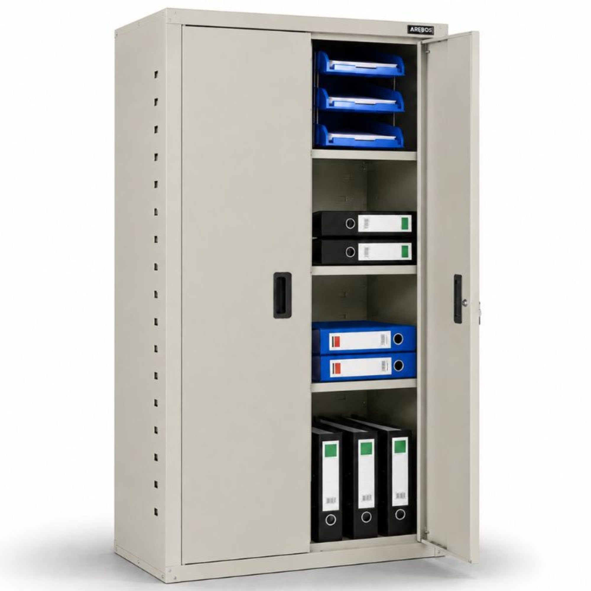 Arebos Armario archivador de oficina, 140 x 90 x 40 cm, 2 puertas, con 3 estantes ajustables en altura, con cerradura de cilindro, gris