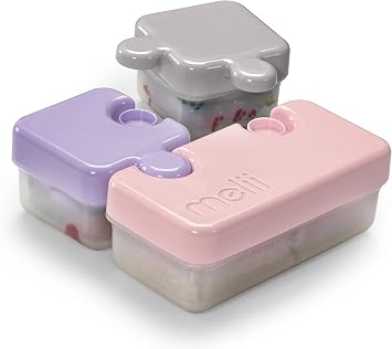melii Puzzle Bento Box Food Storage Container, 3 Compartments, 28.6 Ounce (Pink, Purple & Grey)