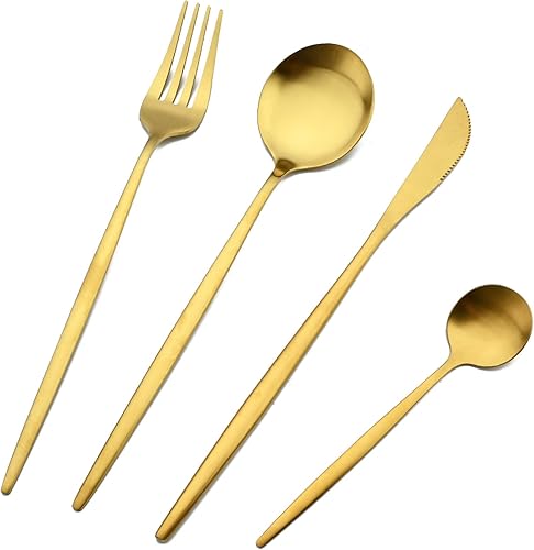 Miniatura 1 de Juego de cubiertos mate de 24 piezas de acero inoxidable con acabado satinado moderno para 6, juego de cubiertos de mango plano para el hogar,