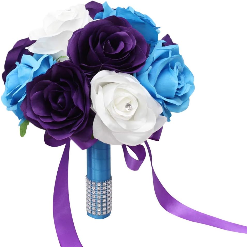 Angel Isabella, LLC Build Your Wedding Package - Malibu Turquoise, Purple, White Rose and Daisy Keepsake Artificial Flowers Bouquet Corsage Boutonnieres (9" Rose only Bouquet)