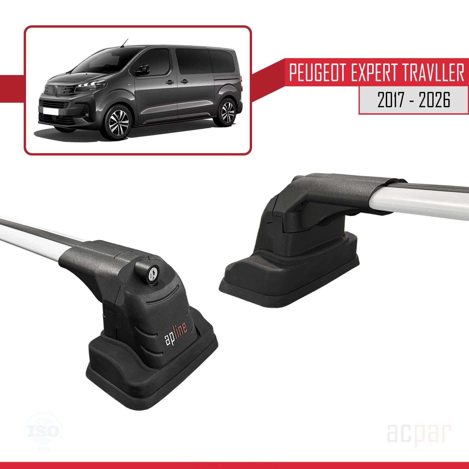 Compatible avec Peugeot Expert Traveller (K0) 2017-2026 ACE-3 Modèle Barres de Toit Railing Porte-Bagages de Voiture Aluminium Gris 2 Barres