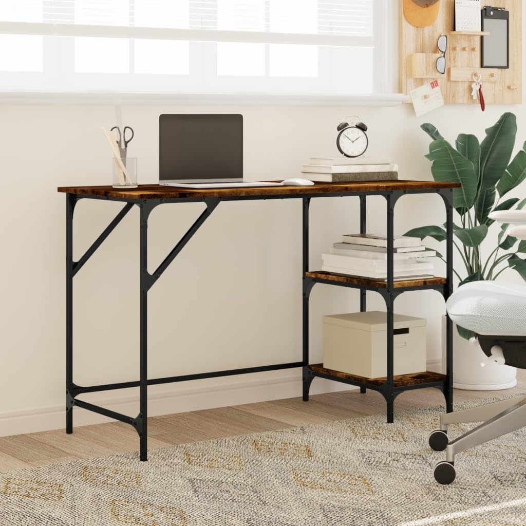 Escritorio de roble ahumado de 120 x 50 x 75 cm con marco de metal y patas ajustables, amplia superficie de trabajo, estante extraíble, mesa de ordenador estable para oficina, oficina en casa