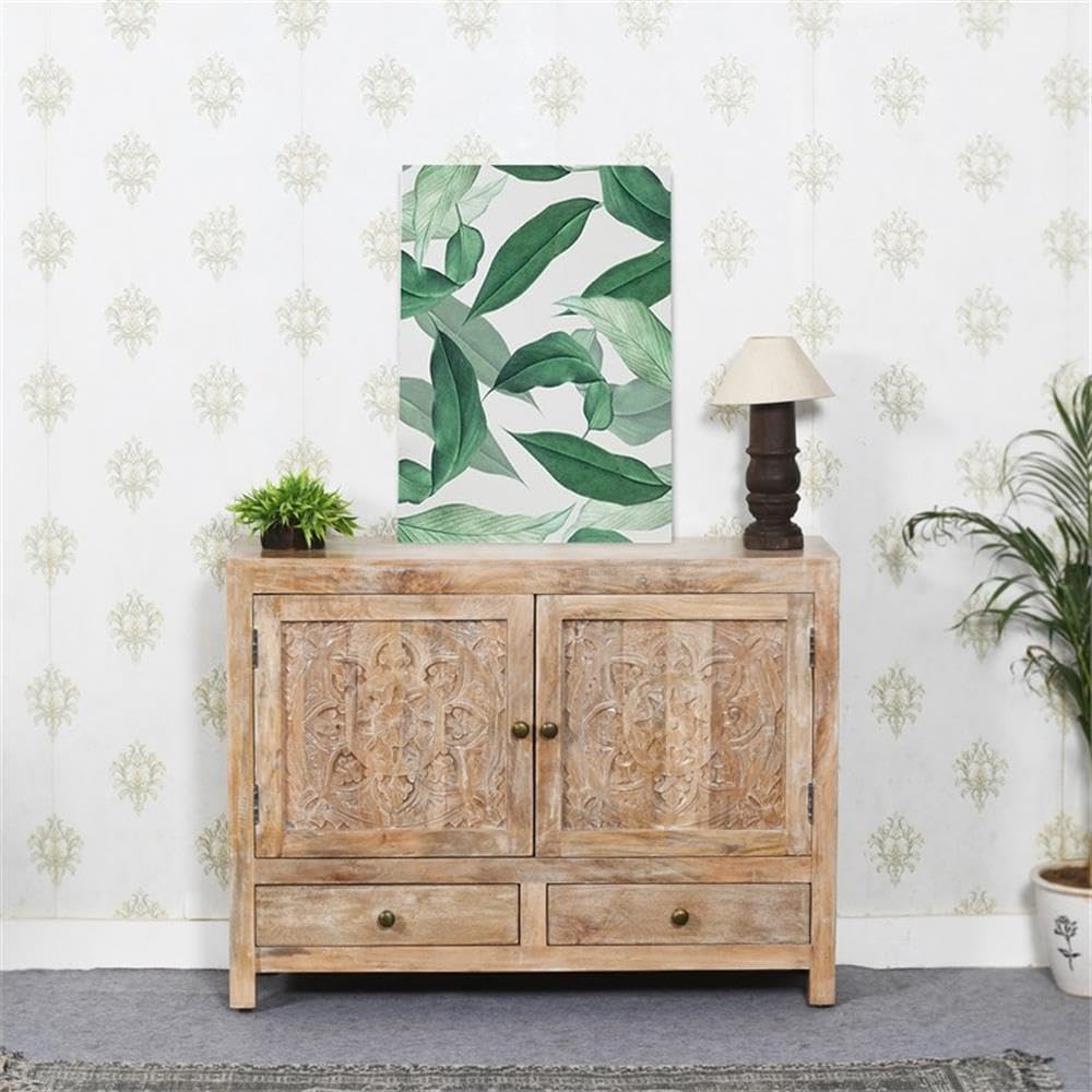 Pemberly Row Solid Wood Accent Cabinet, 36" H x 48" W x 12" D, White Wash Finish, Hand-Carved Mango Wood, 2-Door 2-Drawer Sideboard with Brass Hardware, Buffet or Media Storage