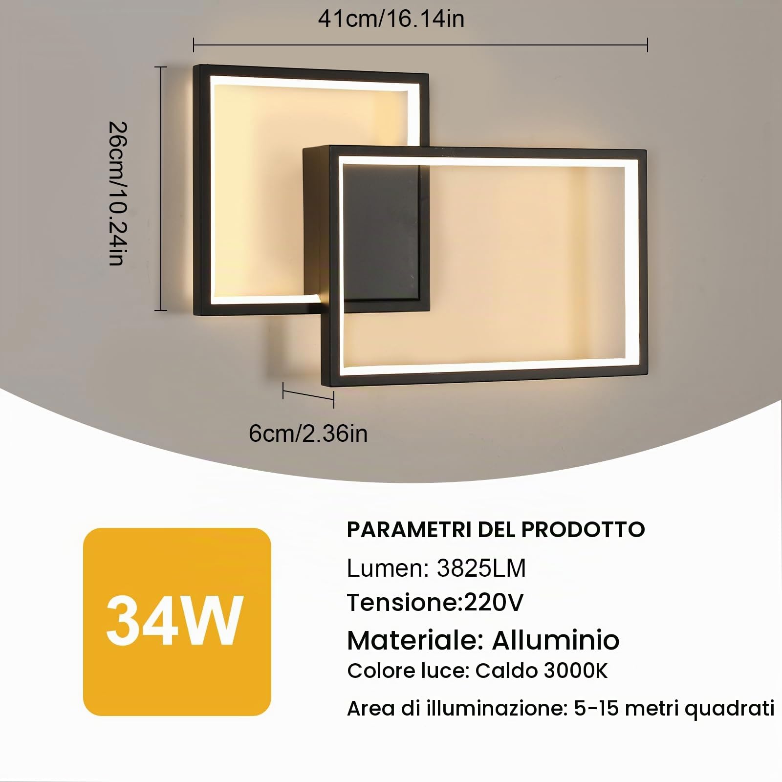 41CM Applique da Parete Interno LED 34W Lampada da Parete 3000K | 34W 3825LM Moderno Nero Lampada a Muro in Alluminio per Camera da Letto Soggiorno Scale Corridoio, Bianca Calda 3000K