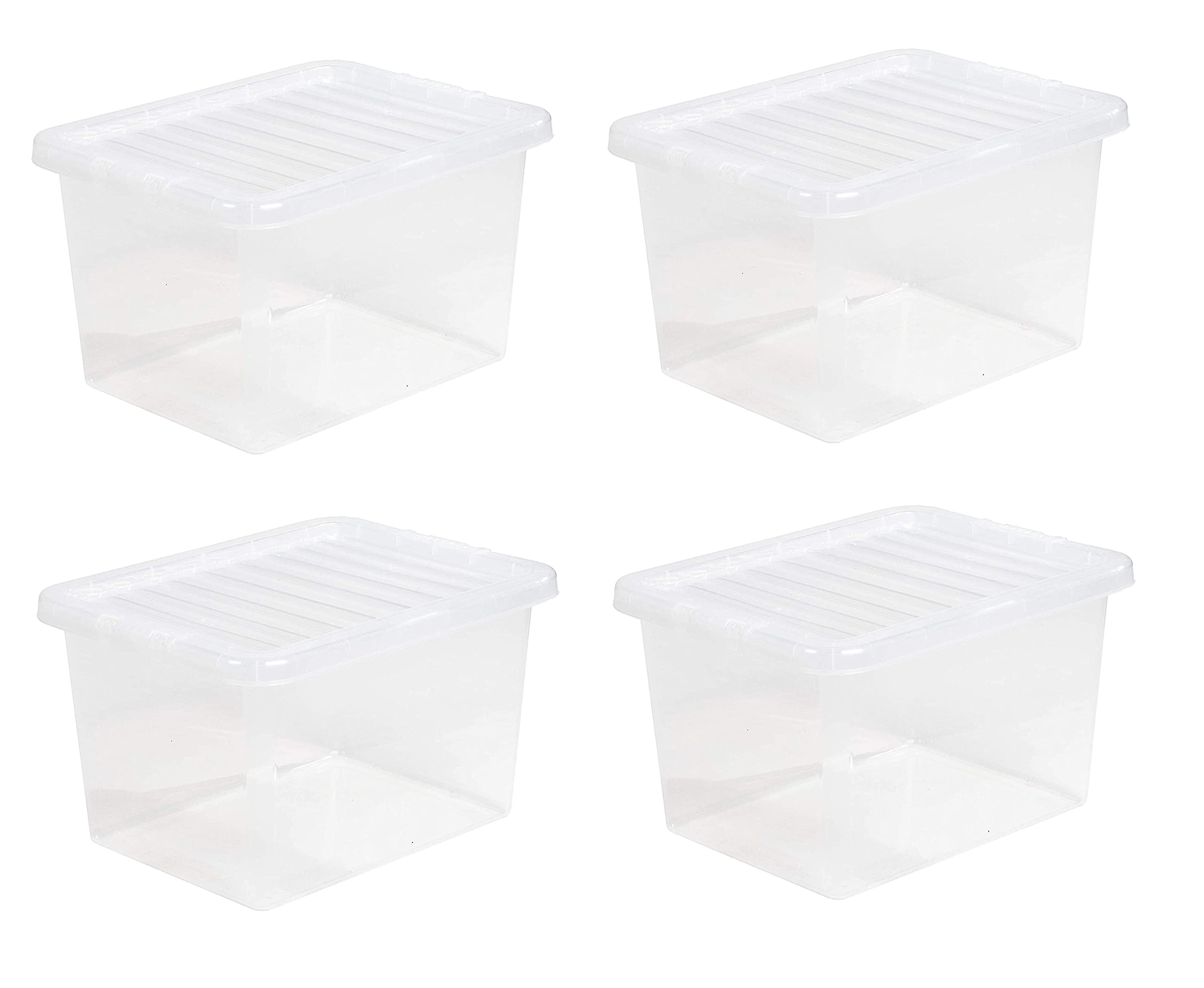 4 x 25L Plastic Storage Boxes Crystal Clear Box & Lid Suitable for all around the Home Office and Workplace Stackable Nestable Large Strong Boxes – 42.50 x 33.00 x 25.50 cm