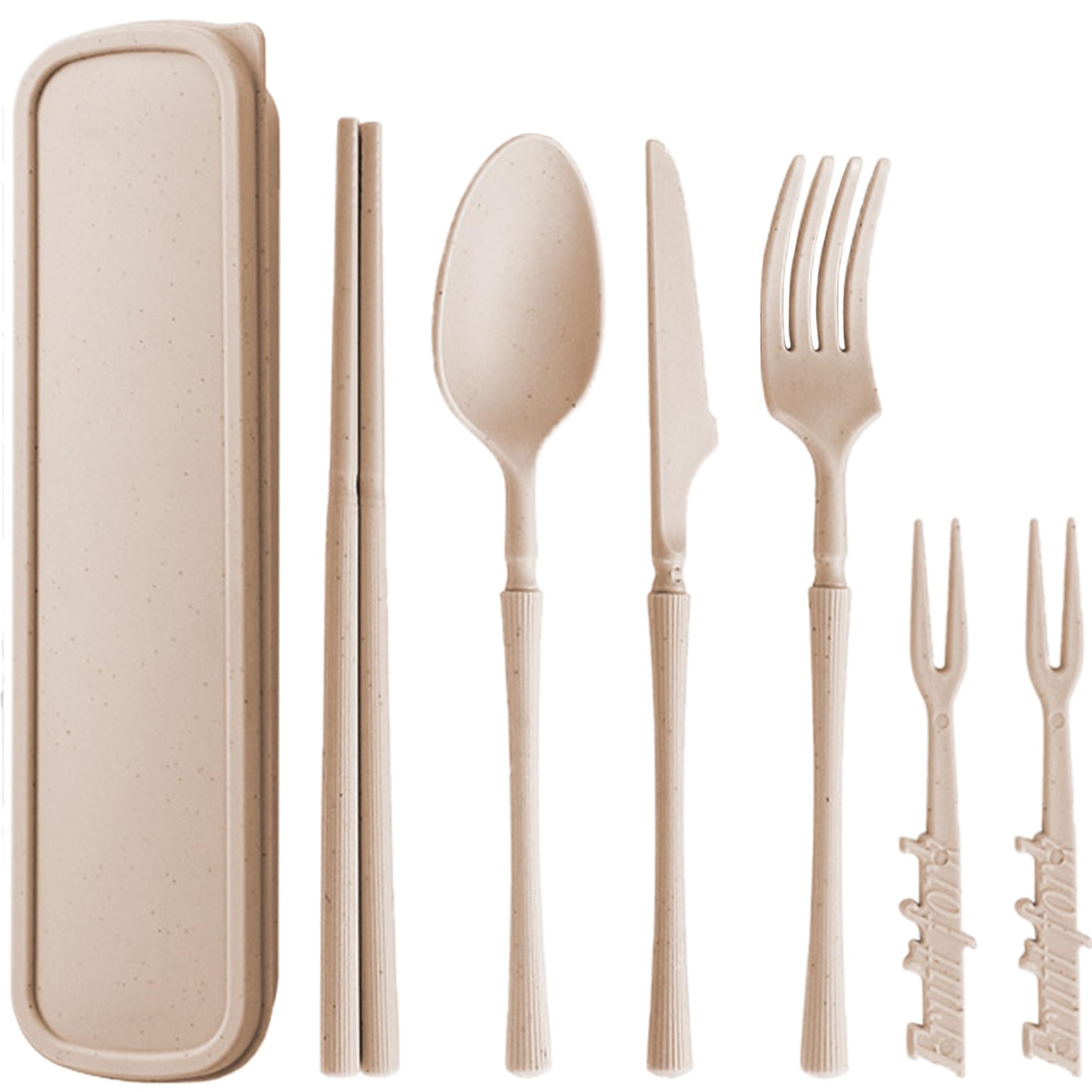 Camping Cutlery Utensils Set with Case, Portable Reusable Travel Plastic Spoon Fork Knife Chopsticks for Lunch Box Picnic Work School or Daily Use (Beige)