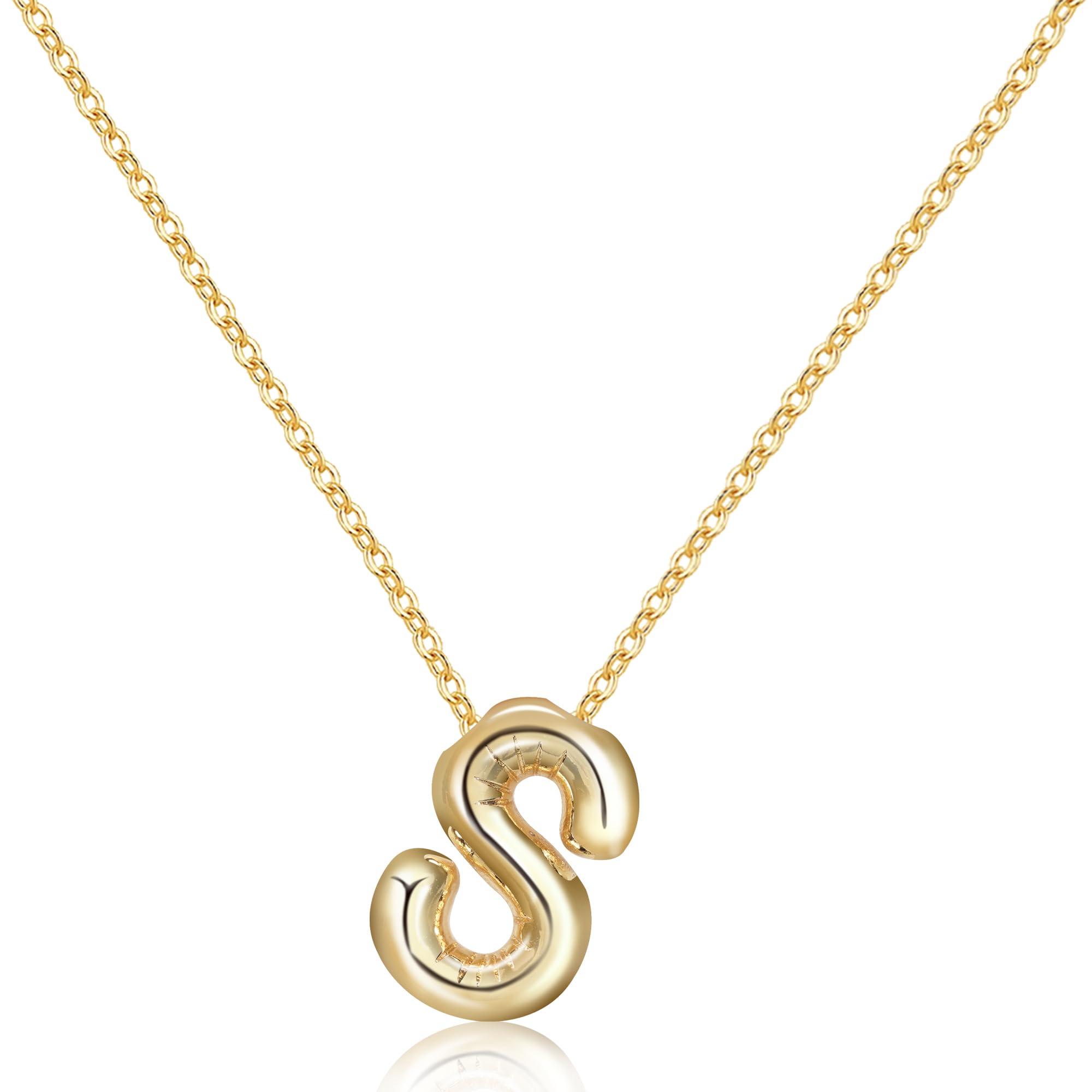 Rhinelife Letter Necklace Bubble Initial Pendant Necklaces for Women Cute Alphabet 14K Gold Plated Design Balloon Puffy Name Personalized Teen Jewelry