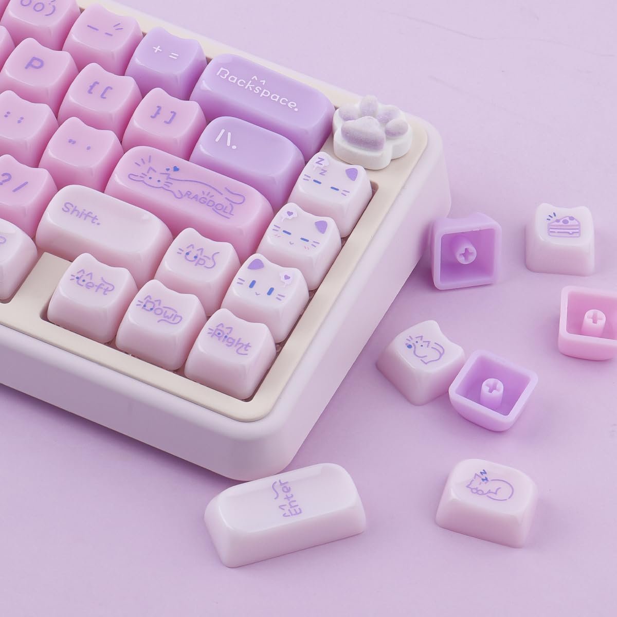 Ceramic Jade Purple Cat Keycaps, 148 Keys Translucent Creamy Jelly Cute Keycaps Mao Profile Custom Keycap for Cherry Gateron MX Swithes Mechanical Keyboards