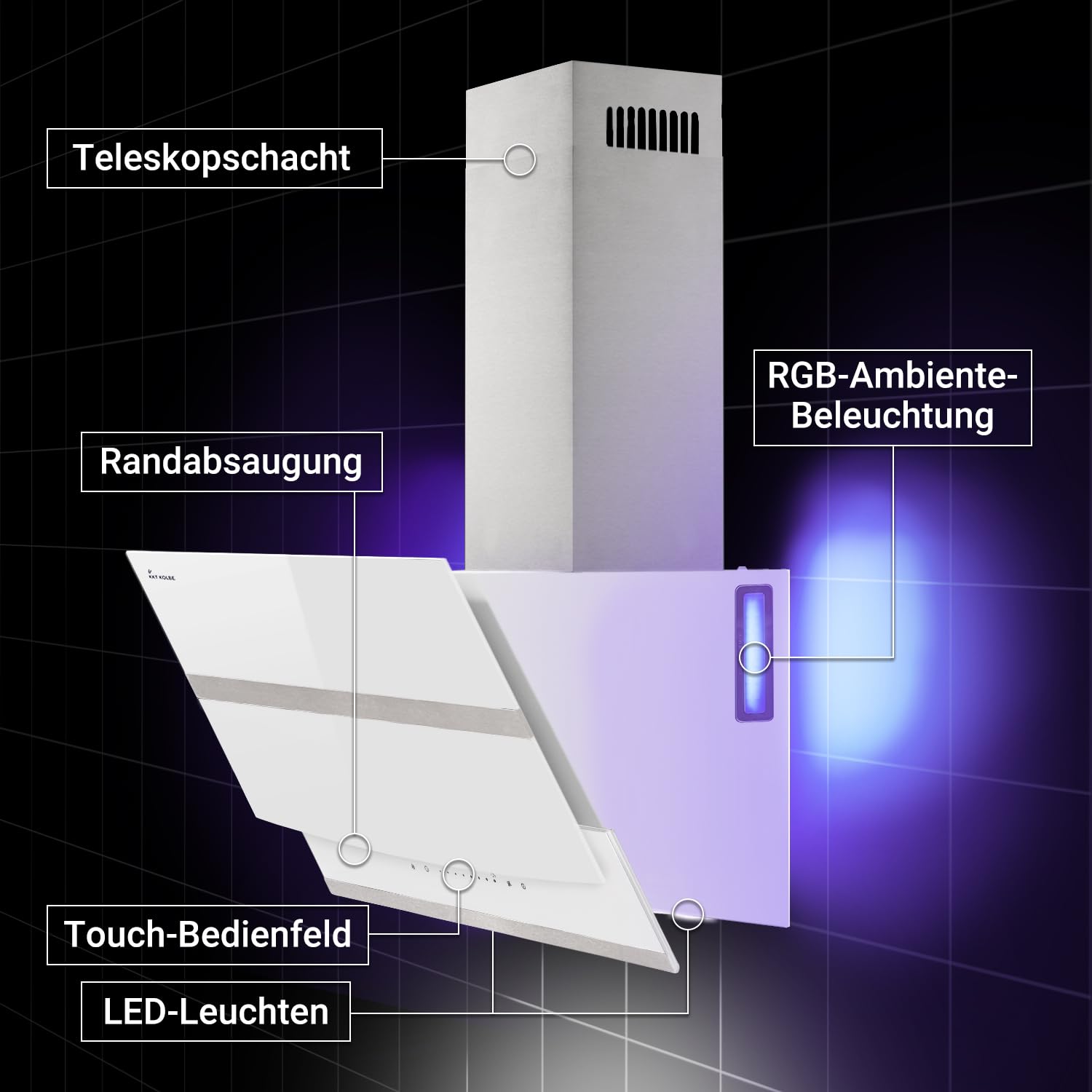 KKT KOLBE Hotte murale inclinée A+++ 80 cm | 782 m³/h recyclage ou évacuation | tête libre | inox et verre blanc | WiFi Smart App | LED RGBW | commande SensorTouch | HERMES8005WM