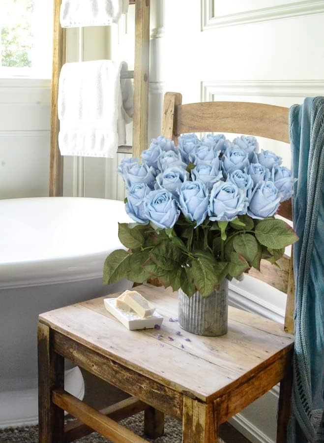 Artificial Realistic Roses Blue Flowers 24" Real Touch Silk Roses Bouquet Long Stems Rose for Flower Arrangement Fake Roses Decor for Home Party Wedding Table Centerpieces Roses Realistic - 5 Pcs - Image 3