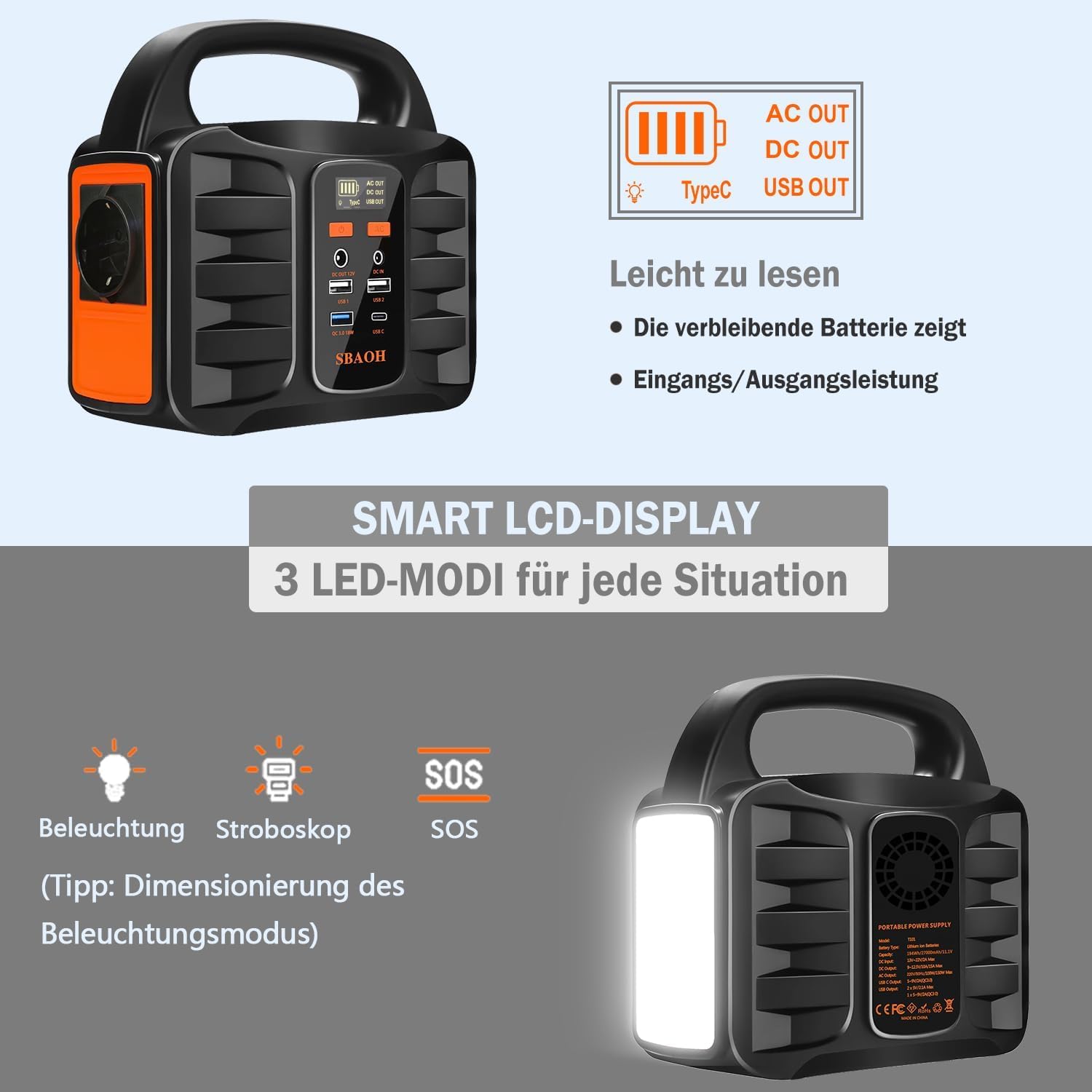 Powerstation 200W,SBAOH Solargenerator Akku mit AC Outlet Camping Solar Generatoren Lithium Batterie Bank Stromversorgung für Outdoor Travel Home Emergency Backup