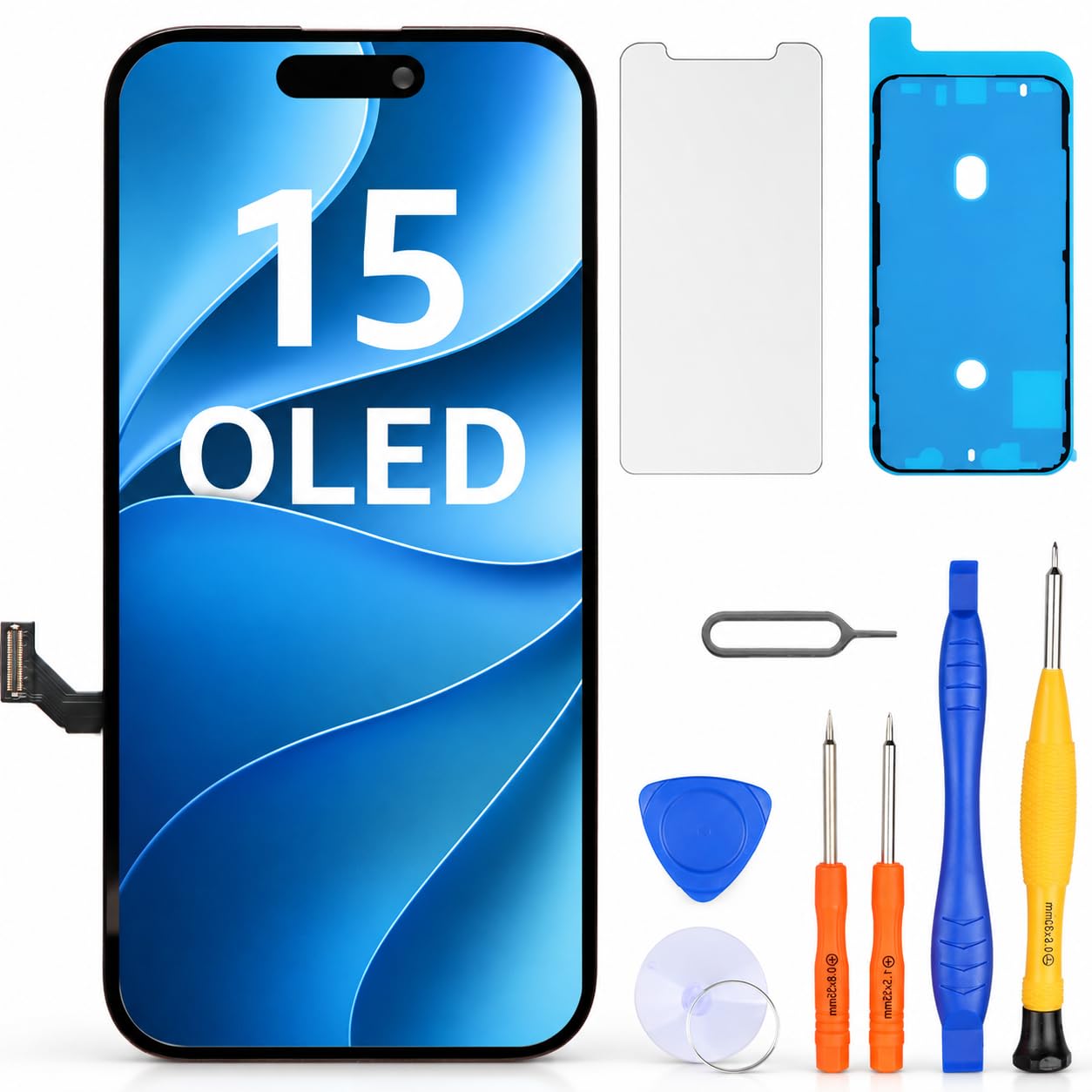LL TRADER Schermo per iPhone 15 OLED 6,1'' e Kit di Riparazione | Display FHD con 3D Touch e Digitalizzatore, Dotato di Nastro Adesivo Impermeabile e Pellicola Protettiva