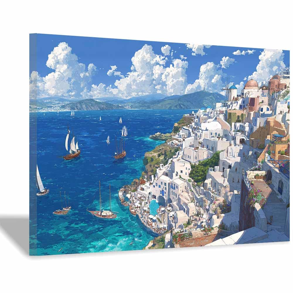 DMZPKZB Modern Landscape Picture Santorini Coastsal Town Canvas Wall Art,Minimalism Scenery Painting,for Dining,Bathroom, Living Room, Bedroom,Corridor(Multicolor)-50x70cm Framed