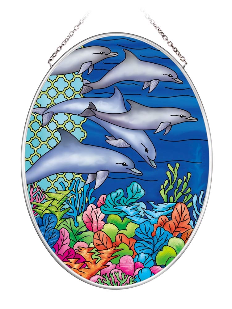 ステンドグラス製　2色のイルカのサンキャッチャーパネル ステンドグラス 2色のイルカのサンキャッチャーパネル サン