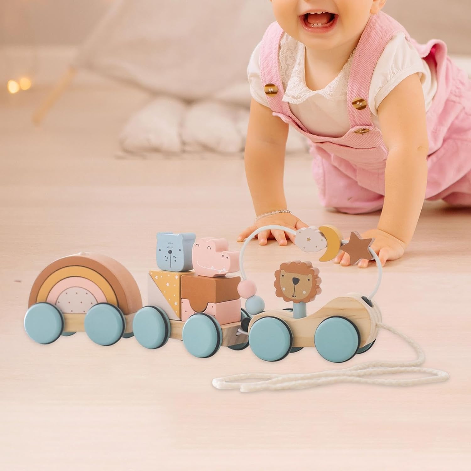 Wooden Pull Along Toy Handmade Push and Pull Animal Toy Wooden Walking Toy Fine Motor Skill Developmental Preschool Learning, Building Block Train