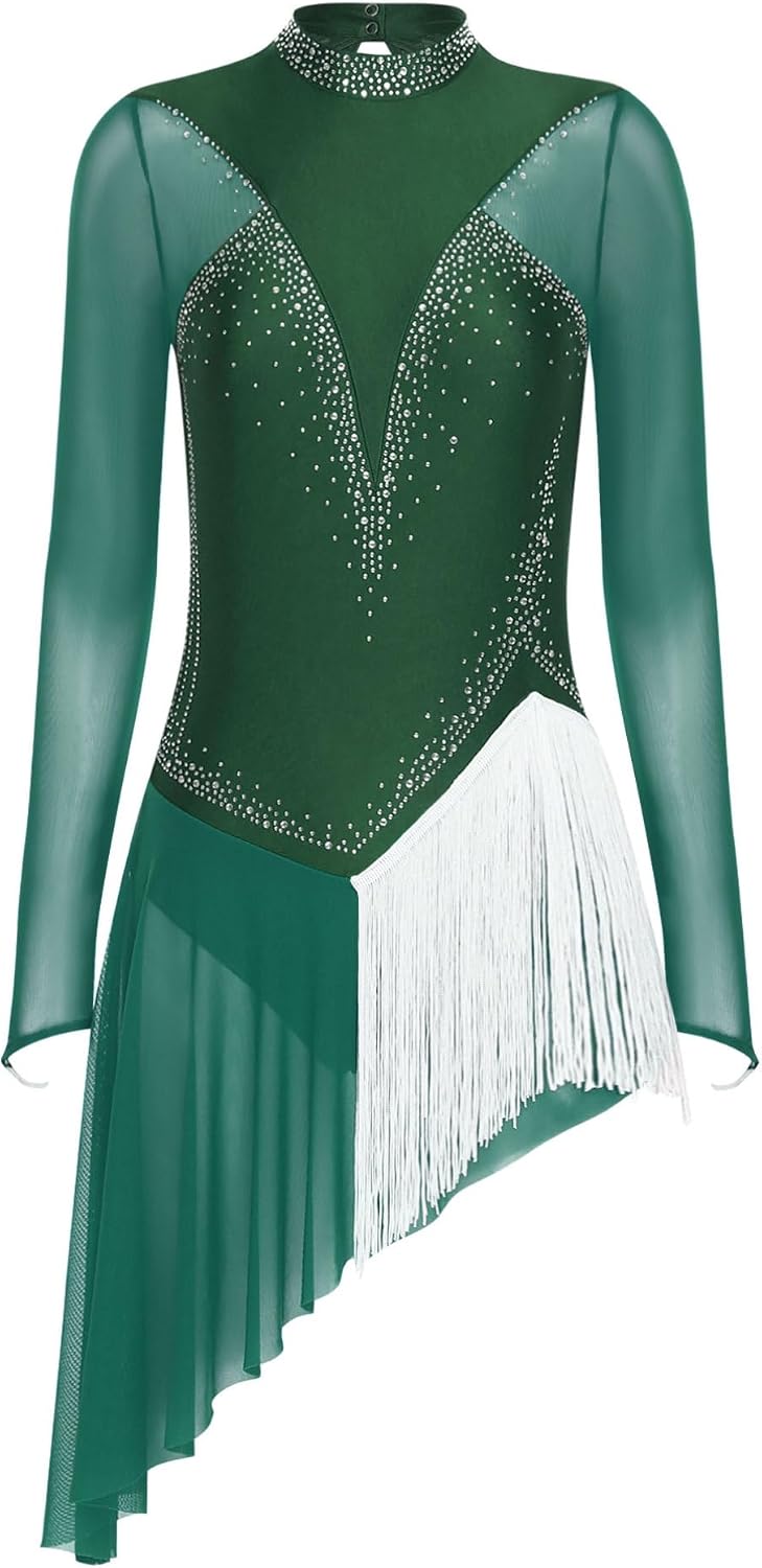 TiaoBug Women's Figure Ice Skating Dress Irregular Hem Rhinestones Gymnastics Dance Leotard
