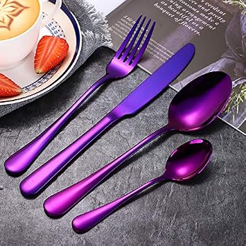Silverware Set, 20-Piece Purple Flatware Cutlery Set Service for 4,Stainless Steel Kitchen Utensil Set Tableware Knife Spoon Fork Set for Home&Restaurant. Dishwasher SafePurple-20pcs set