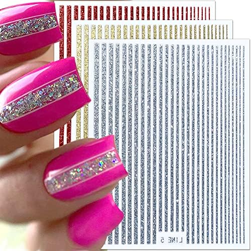 3D Glitter Lines Nail Stickers Holographic Nail Art Stickers Metal Stripe Nail Decals Self Adhesive Geometric Strip Line Nails Stickers Women DIY Nail Supplies,6 Colors/Set
