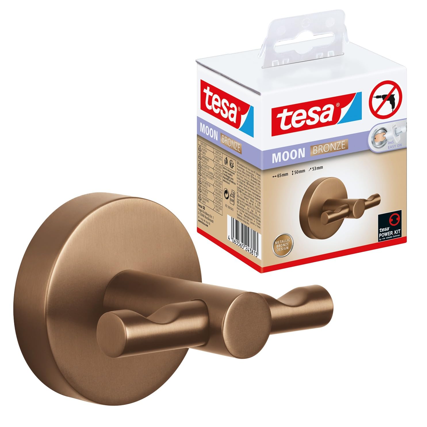 Tesa® MOON Gancio per accappatoio in bronzo spazzolato - Gancio autoadesivo in metallo rivestito in PVD - non richiede foratura, soluzione adesiva inclusa - 50 mm x 65 mm x 53 mm