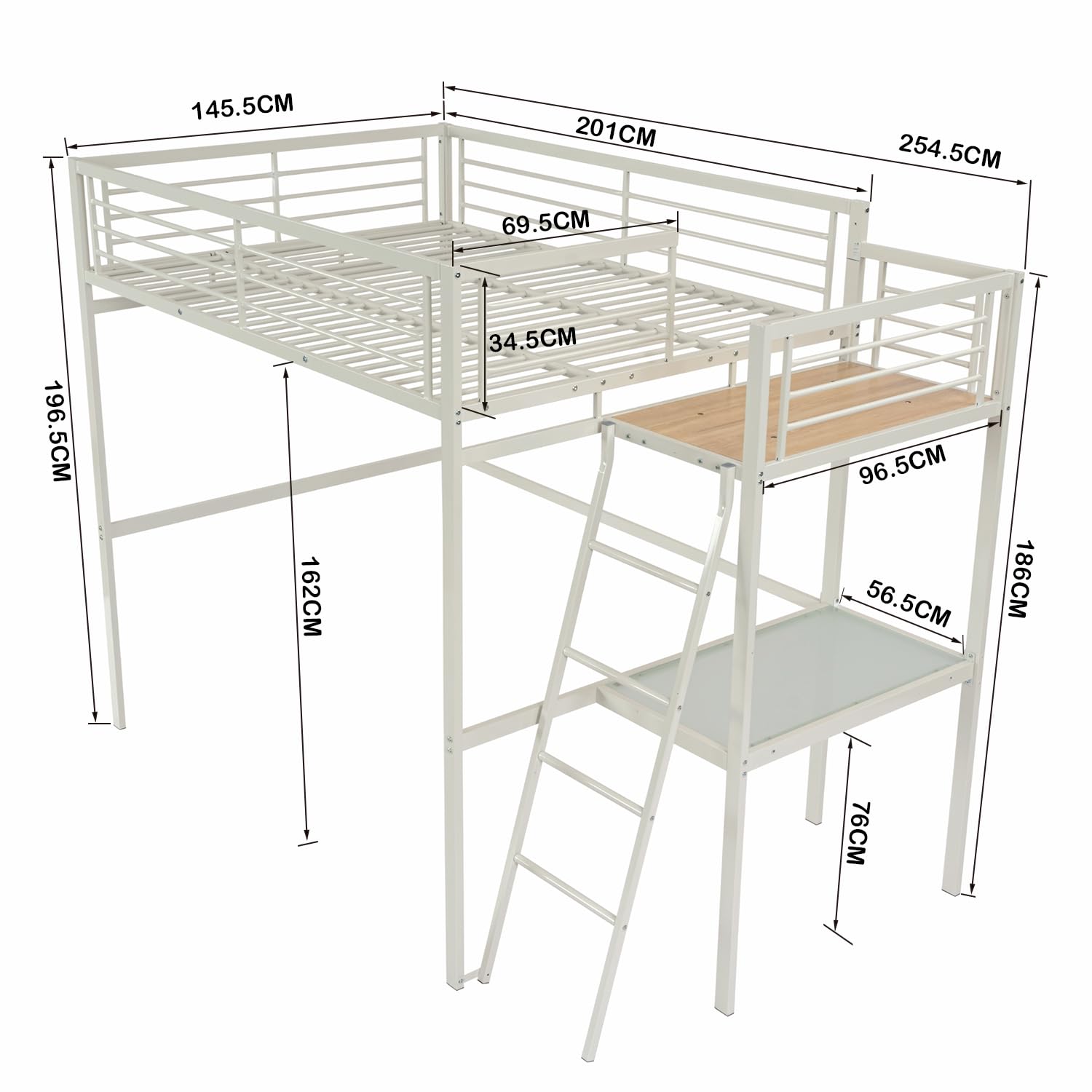 MEUBLE Cosy Literas Juveniles Cama Alta Estructura de Metal Doble 140 x 190 cm con Escalera y Escritorio para niños, Adolescentes y Adultos, Estilo Industrial, Blanco