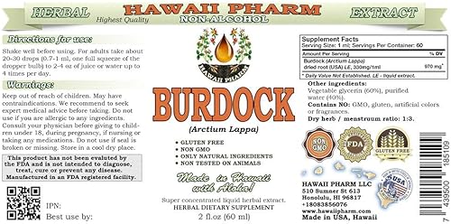 Miniatura 2 de Extracto líquido sin alcohol de bardana, bardana orgánica (Arctium Lappa) Raíz seca Glicerita Hawaii Pharm Suplemento herbario natural 2 oz