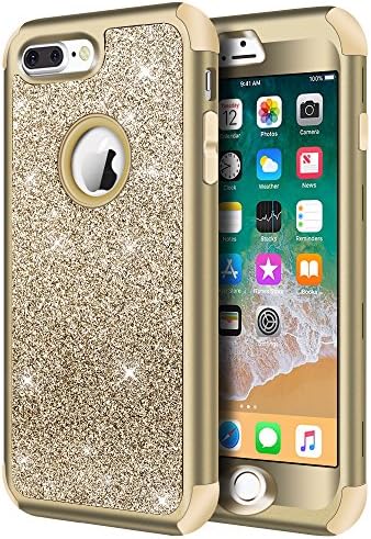 Hython Designed for iPhone 8 Plus, iPhone 7 Plus Case, Heavy Duty Defender Protective Bling Glitter Sparkle Hard Shell Hybrid Shockproof Rubber Bumper Cover for iPhone 7 Plus and 8 Plus, Gold