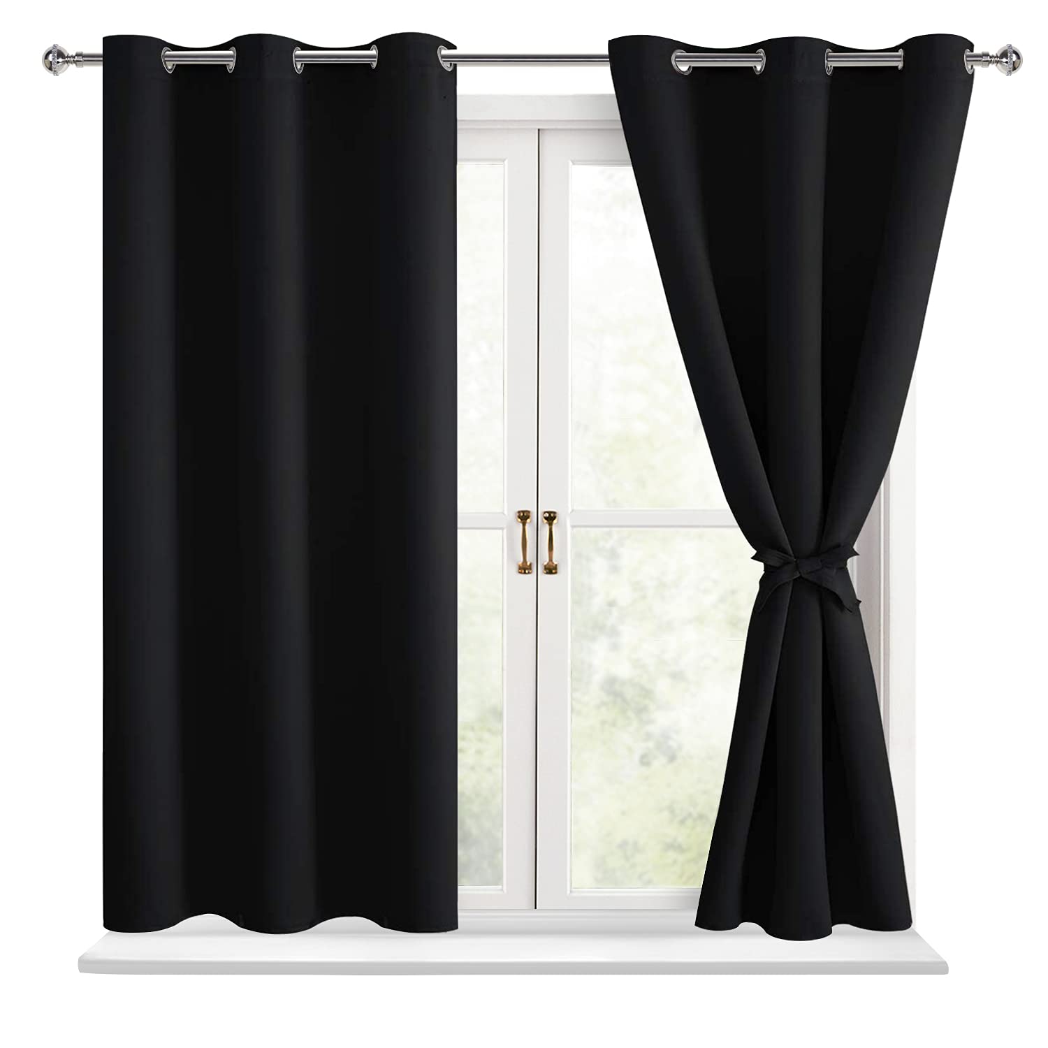 Hiasan Short Blackout Curtains for Bedroom - Light Blocking & Noise Reducing Window Curtains for Living Room, 2 Drape Panels Sewn with Tiebacks, Black, 42 x 45 Inch