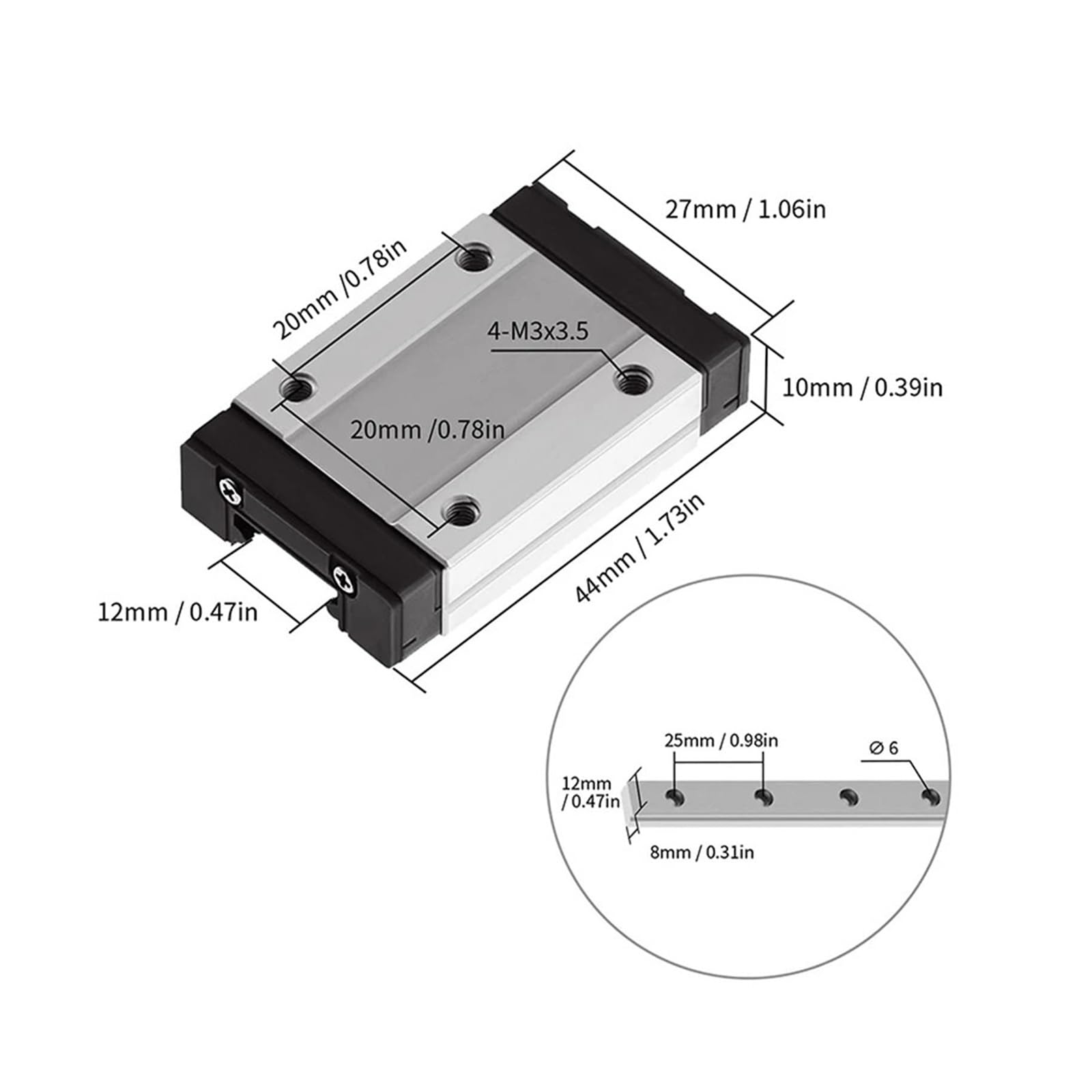 Deslizador de cojinete lineal con riel deslizante Pieza de impresora negra con riel lineal deslizante MGN15H L de 100 mm a 800 mm(750mm)