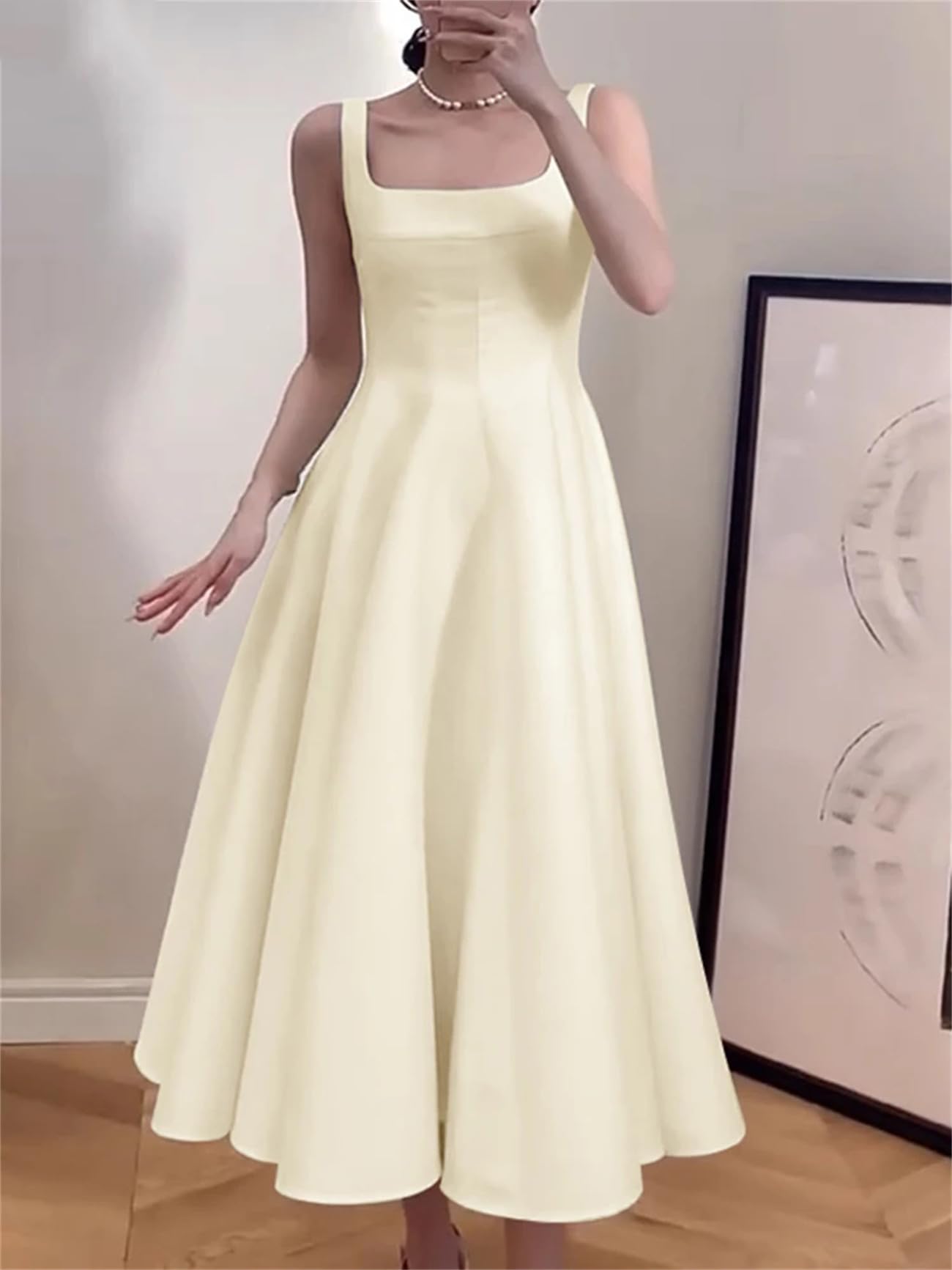 Abito da donna senza maniche vintage tinta unita A-Line abiti estivi con vita abito casual con colletto quadrato abito midi